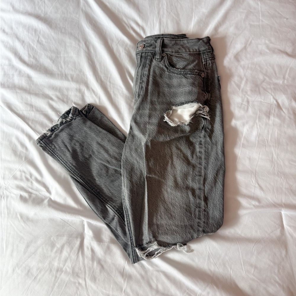 American Eagle Dark Grey Wash Distressed High-Rise Mom Jeans Size 00 Short